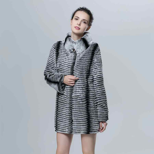 Real Rex Rabbit Fur Coat Knitted  Striped Style Autumn Warm Women Long Luxury Stand Collar Chinchilla