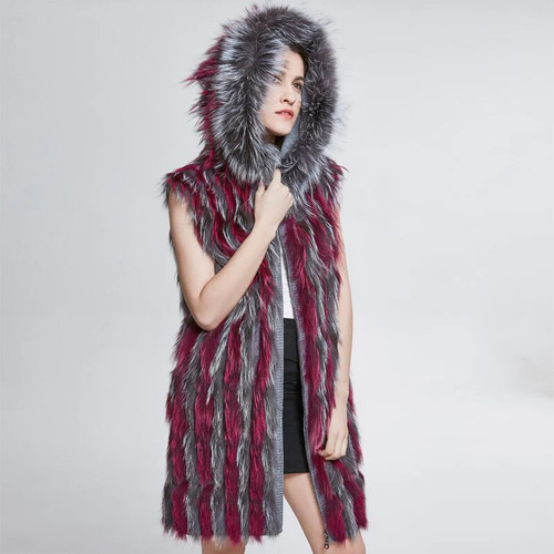 Women Hooded Real Fox Fur Vest Female Fur Sleeveless Coat  Lady Slim Natural Fox Fur Vest Overcoat