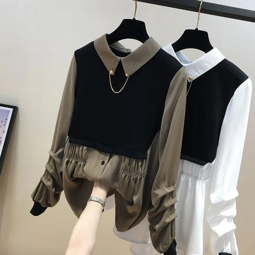 Spring Autumn Women Fake two-piece Shirt Stitching Long-sleeved Loose Blouses Plus size Personality Design Female Casual Tops