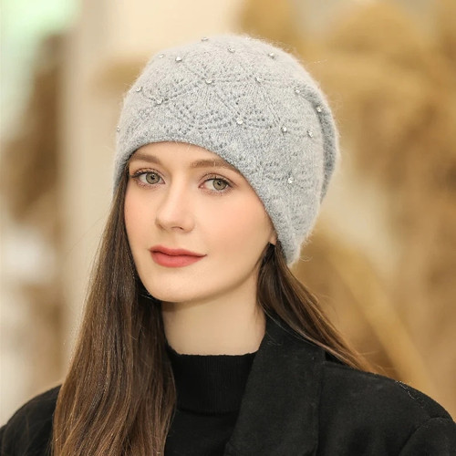 Women Winter Hat Streetwear Rabbit Fur Blend Warm Cap Decorate Beanie Hat For Female Casual Knitted Hat