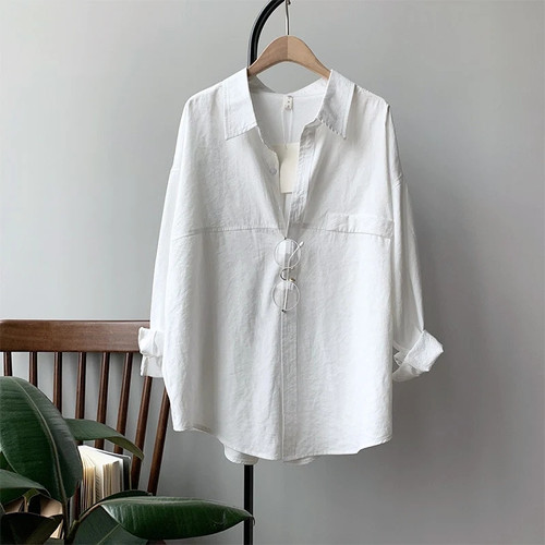 Office Ladies Blouse Women Elegant Formal Loose White Long Sleeve Shirts Cotton Beige Vintage