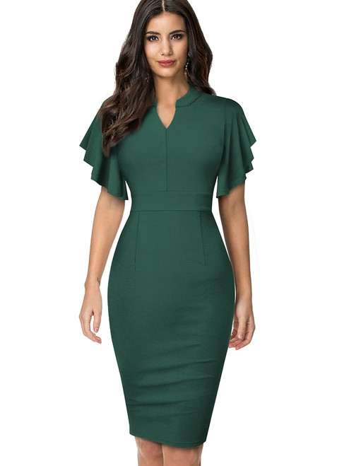 Vintage Solid Color Elegant Office Work Business Party Bodycon Ruffle Women Pencil Dress