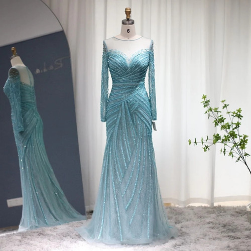 Luxury Blue Mermaid Evening Dresses for Women Wedding Elegant White Long Sleeve Formal Prom Gowns