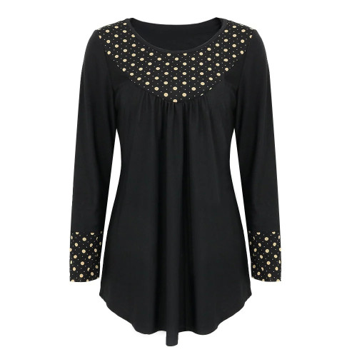 Women New Retro Polka Dot Round Neck Long Sleeve Black Blouse Casual Loose Tunic Tops