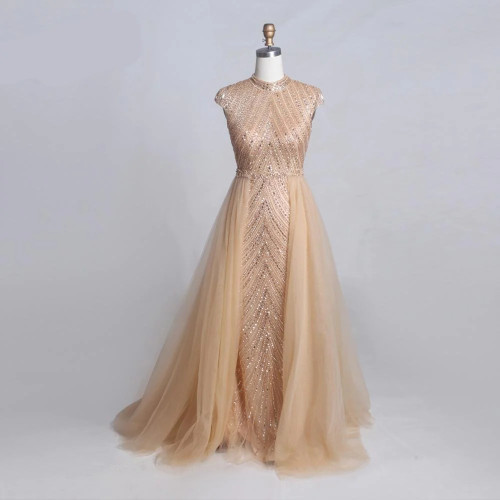 Evening Dresses Long Noble Champagne Cap Sleeves With Fully Beaded Elegant A Line Dress In Women Dress