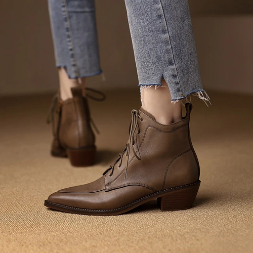 Women ankle boots natural leather full leather modern boots light luxury retro pointed toe short boots