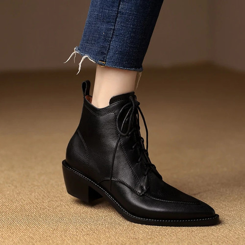 Women ankle boots natural leather full leather modern boots light luxury retro pointed toe short boots