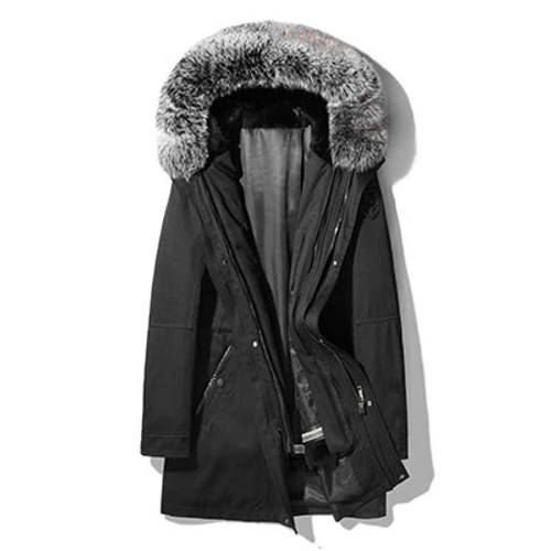 Men Hooded Winter Coat Rabbit Liner Fur Jackets Warm Thick Outerwear Black Big