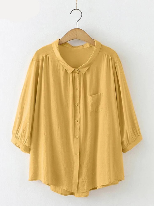 Office Lady 3/4 Sleeve Blouse Casual Loose Top Solid Lapel Neck OL Shirt New Women Shirts Casual Streetwear