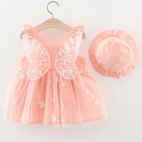 Baby Summer Clothes Mesh Sleeveless Toddler Princess Dress+Sunhat Little Girls Clothing Set