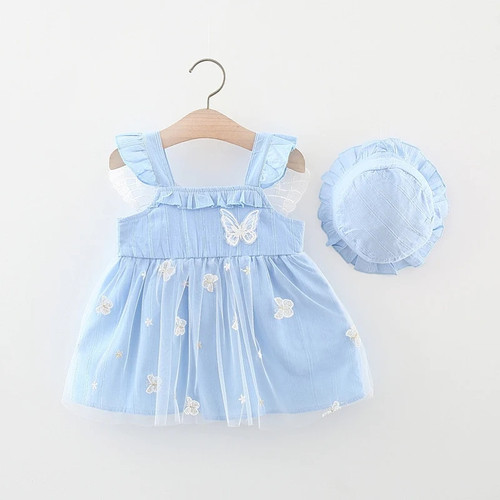 Baby Summer Clothes Mesh Sleeveless Toddler Princess Dress+Sunhat Little Girls Clothing Set