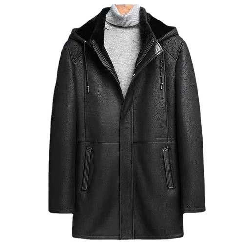 Mens Winter Thickened Fur Coat Genuine Leather Jacket Men Black Hooded Sheepskin Long Shearling Overcoat