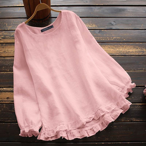 Spring Women Blouse O Neck Long Sleeve Tops Vintage Casual Ruffles Shirt Solid Color Loose Chemise