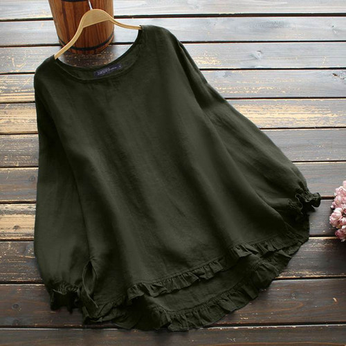 Spring Women Blouse O Neck Long Sleeve Tops Vintage Casual Ruffles Shirt Solid Color Loose Chemise