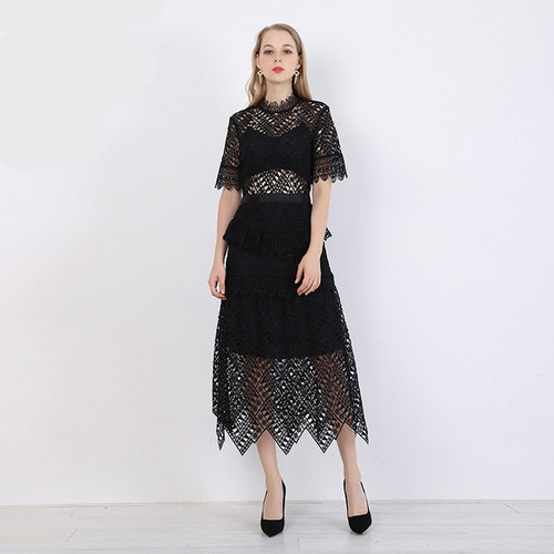 Women's black Lace short Sleeve Summer Dress Women's Sexy hollow Maxi Long Dress