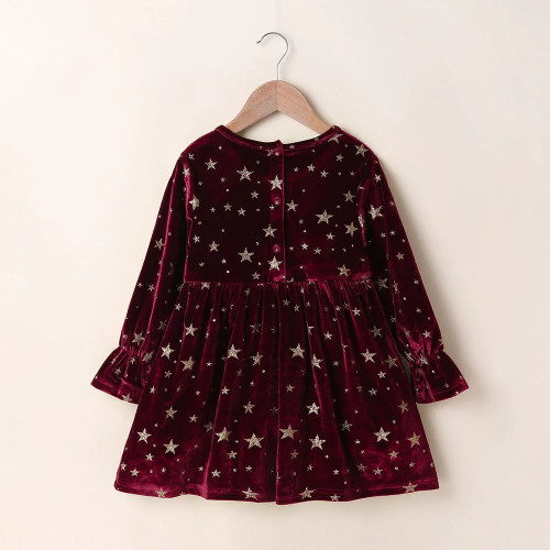 Winter Girls Dress Girls Cute Dress Long Sleeve O Neck Print Star Red Cute Dress