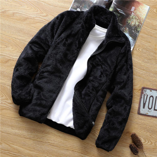 Mens Coat Zipper Closure Side Pockets Fleece  Double Sided Jacket Velvet Stand Collar Warm Casual Cardigan Jacket Outerwear