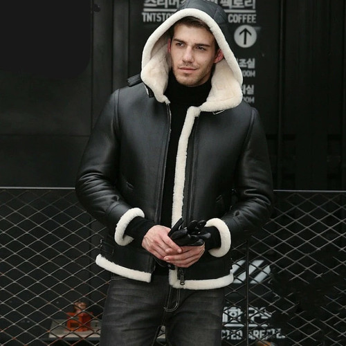 Mens Winter Genuine Leather Jacket Real Fur Coat Men Sheep Shearling Natural Fur Sheepskin Coats Hooded Aviator Jacket