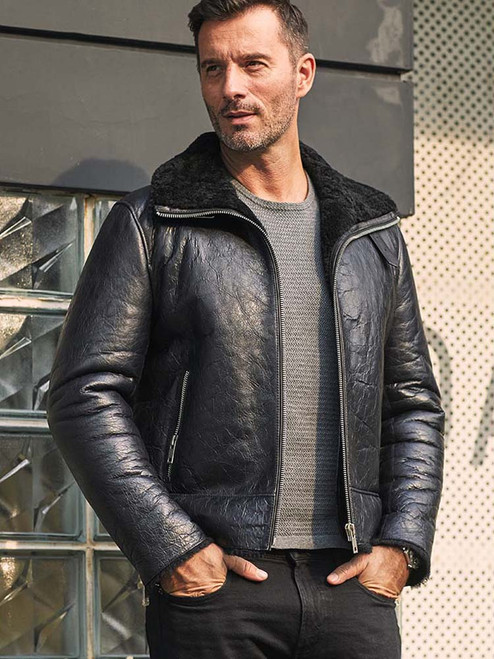 Mens Shearling Coat Black Leather Jacket Short Fur Outwear Slim Winter Motorcycle Overcoat