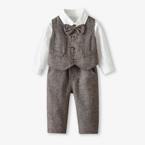 Wedding Suit Set Autumn Baby Gentleman Vintage Suit Cotton Bow Long-sleeved Shirt British Vest Bib 2 Pcs