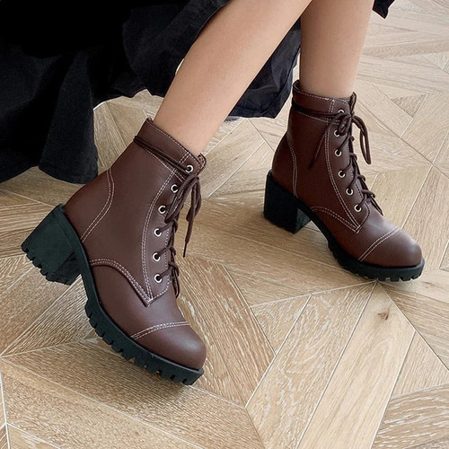 Street style round toe fall ankle boots fashion lace-up black white brown high heel thick motorcycle boots womenshoes