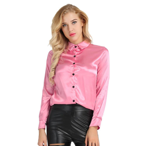 Women Blouses Long Sleeve Turn-Down Collar Button Front Satin Shirt Woman Casual Tops