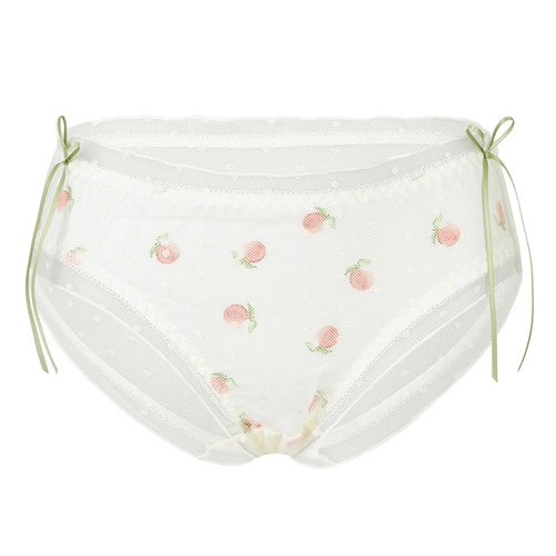 Mens Lingerie Silky Sissy Crossdress Cosplay Briefs Underwear Cartoon Peach Print Lace Bowknot Adorned Cute Panties Underpants