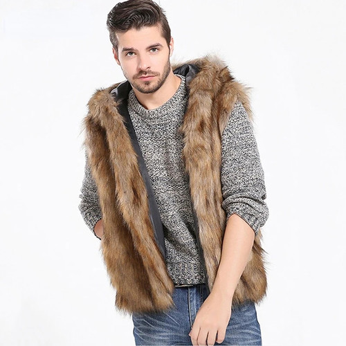 Men Personality Imitation Fox Hair Vest Autumn Winter Elegant Luxury Sleeveless Faux Fur Casual Clothes Hooded Coat