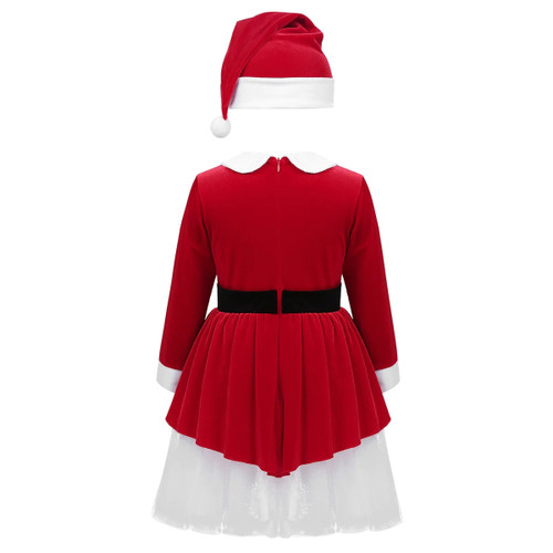 Kids Girls Xmas Costume Outfits Soft Velvet Long Sleeves Decorative Belt Mesh Dress with Hat Set for Christmas Party Holiday