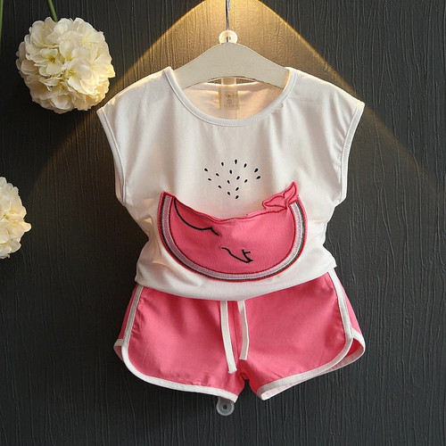 Summer Girls t-shirt  Shorts Children pocket two piece short sleeved Tops Suit 3-7 Year