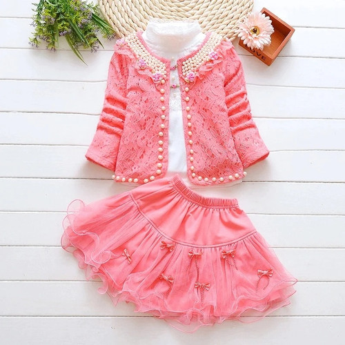 Kids Girls Princess 3PCS Clothes Sets Spring Autumn Long Sleeve Lace Shirts+Beading Outwear Jacket+Skirts Suits Toddler Outfits