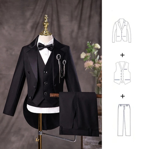 Boys Black Piano Performance Tuxedo Children Stage Violin Formal Suit Kids School Graduation Party Ceremony Costume