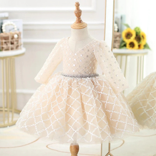 Children V-neck long-sleeved short princess dress wedding banquet flower girl sequin beaded dress pearl open back mesh dress