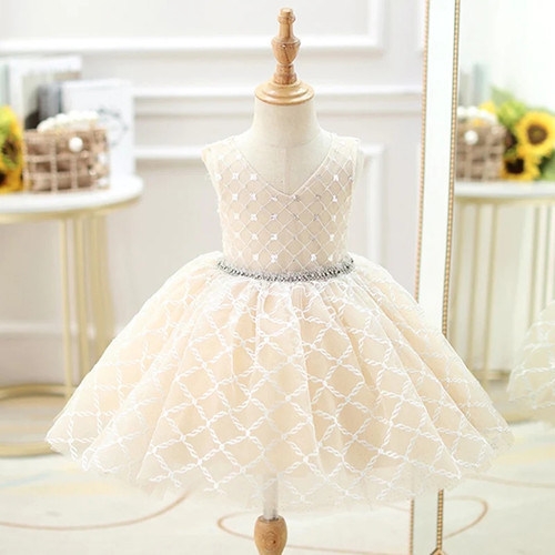 Childrens V-neck sleeveless princess dress wedding banquet flower girl sequin beaded dress pearl open back mesh dress