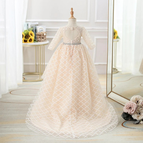 Childrens V-neck sleeveless princess dress wedding banquet flower girl sequin beaded dress pearl open back mesh dress