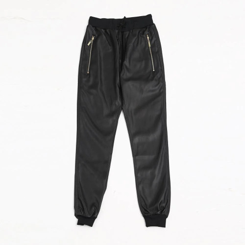 Leather Mens Pencil Pants Autumn New Fashion Streetwear Elastic Waist Fleece Lining Trouser Slim Black