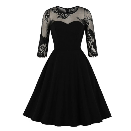 Mesh Black Gothic Dress Women Sexy Half Sleeve Round Neck Patchwork Perspective Party Swing Vintage