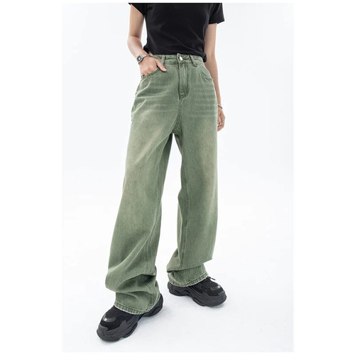 Vintage Green Women Jeans Fashion Trousers Streetwear High Waist Wide Leg Summer Baggy Casual Straight Mom Denim Pants