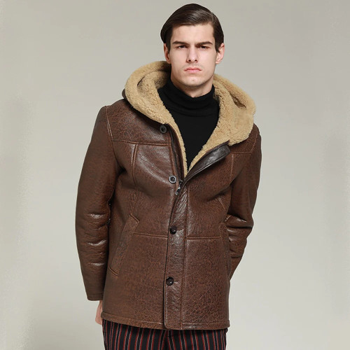 100% Real Sheepskin Fur Coat Genuine Leather Male Formal Winter Hood Jacket Black Zipper Warm Men Fur Outwear