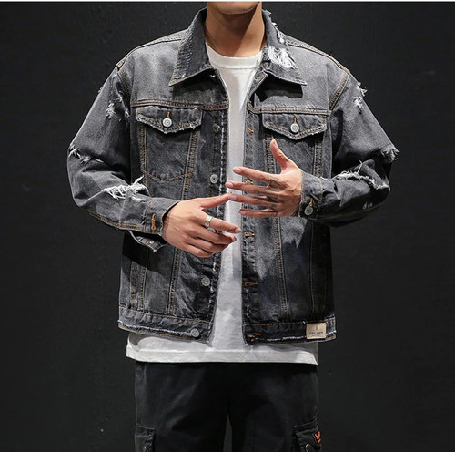 Autumn Turndown Collar Gray Blue Hip Hop Bomber Pilot Tattered Ripped Denim Jacket Men Jean Coat Motorcycle Streetwear Clothing