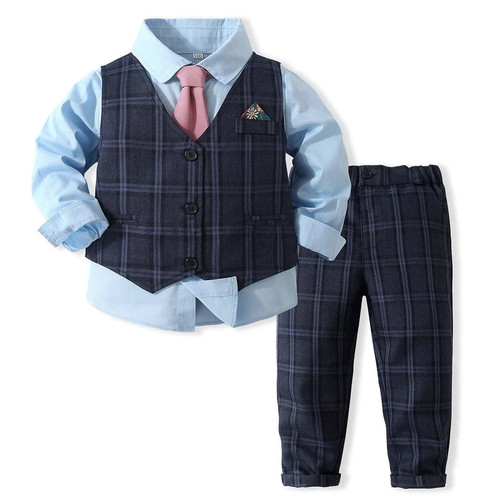 Baby Boy Formal Suits Clothes Boy Gentleman Long Sleeve Shirt Tie Vest Trousers 4Pcs Set Kids Birthday Wedding Party Dress