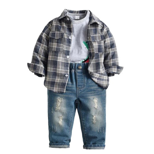 Children Boys Clothes Set Autumn Spring Long Sleeve Plaid Shirt + Short sleeve T-shirt + Jeans Kids Casual 3PCS Set Outfits-1