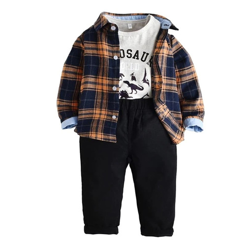 Children Boys Clothes Set Autumn Spring Long Sleeve Plaid Shirt + Short sleeve T-shirt + Jeans Kids Casual 3PCS Set Outfits-1