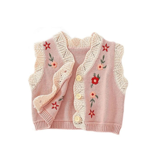 Autumn baby girl all-match baby 0-2 years old cardigan cotton yarn knitted sweater embroidered V-neck sweater vest coat