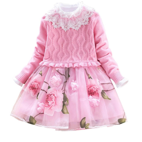 Girls Dress Autumn Winter Girls Pullover Knitted Sweaters Dress Long Sleeve Flower Kids Knitwear Dress