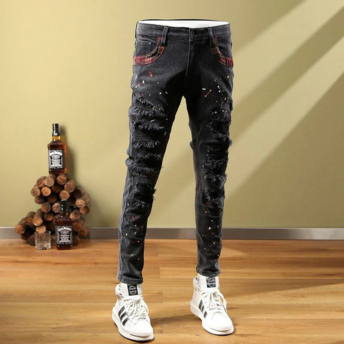 Embroidered new style black hole patch print embellishment pattern handsome jeans man Ripped jeans