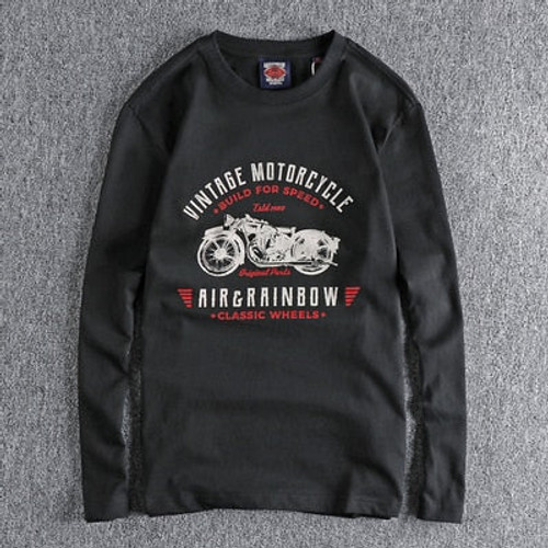 Autumn New American Retro Long Sleeve O-neck Motorcycle T-shirt Men 100% Cotton Washed Casual Bottoming Tops