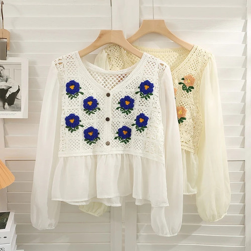 Women Crochet Tops Chiffon Puff Sleeve  Loose Blouse Floral Embroidery Doll Shirts Beach Cover Up Fake 2 Piece V Neck Top