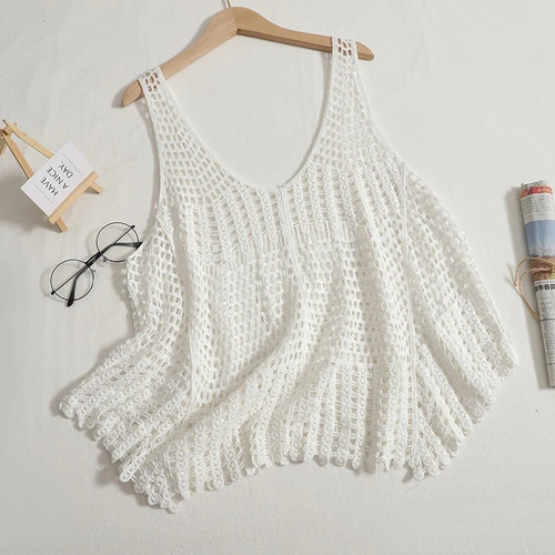 Women Crochet Cotton Tank Tops Patchwork Casual Retro Knitting Loose Tops Summer Sleeveless Beach Going Out Chic Tops