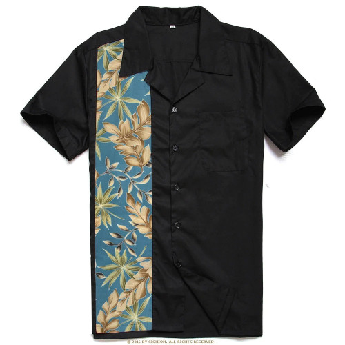 Vintage Banana Leaf Print Men Shirt Short Sleeve Black Cotton Vintage Retro Dress Shirt